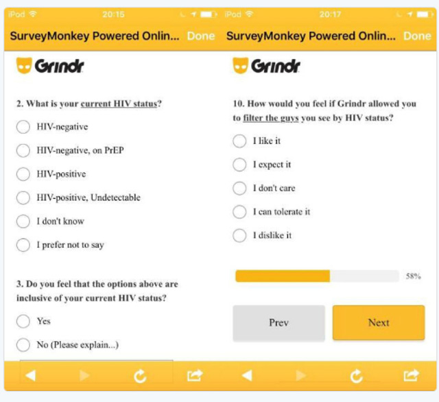 Grindr survey about HIV status searches